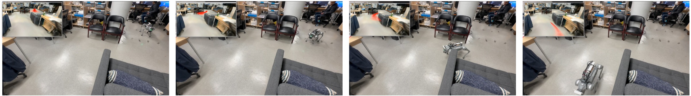 Go2 quadruped navigating the lab around furniture